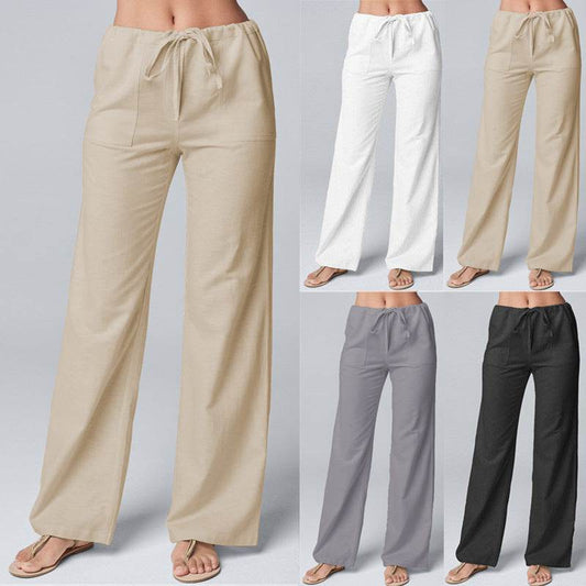 Women’s loose straight-leg pants with lace-up waist in beige, white, gray, and black cotton-linen blend.