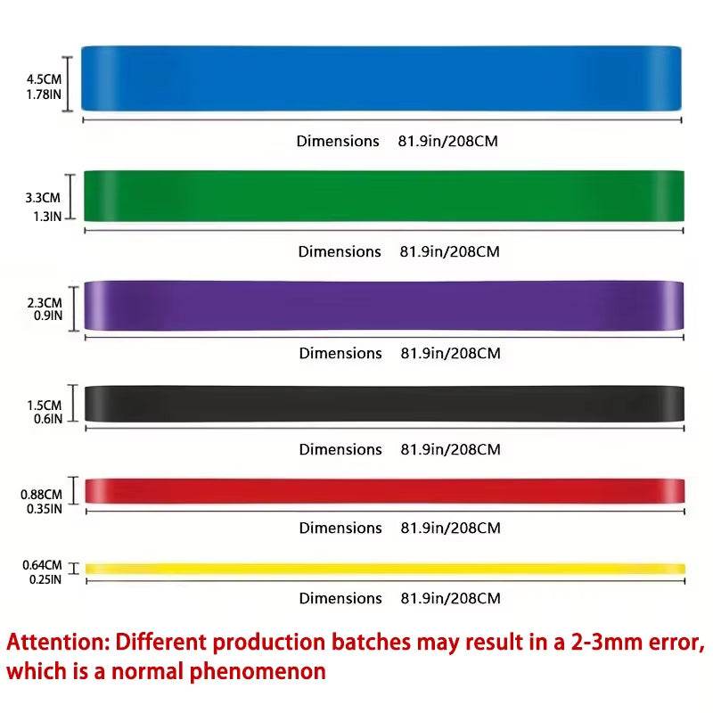 Set of six flat resistance bands in blue, green, purple, black, red, and yellow, each 81.