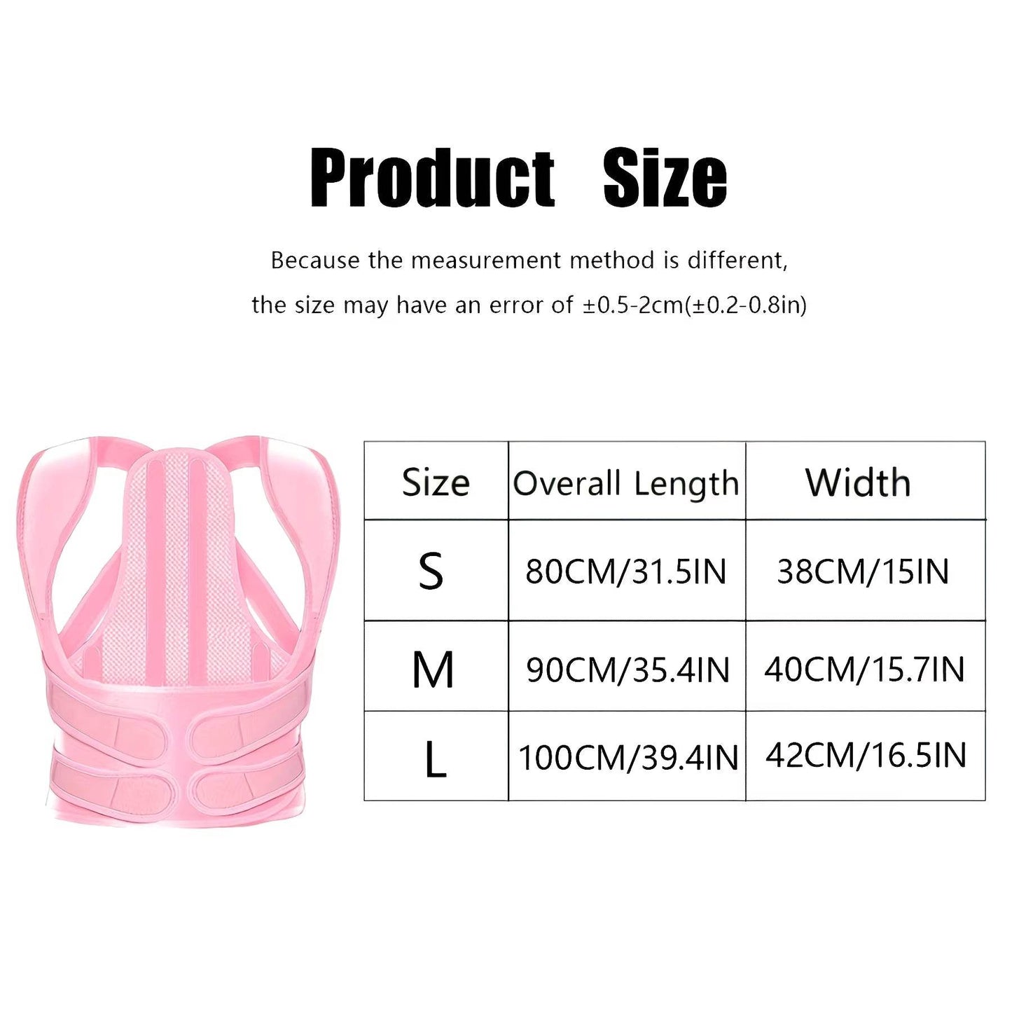 Pink adjustable back brace with wide straps and lumbar support belt, size S with measurements shown.