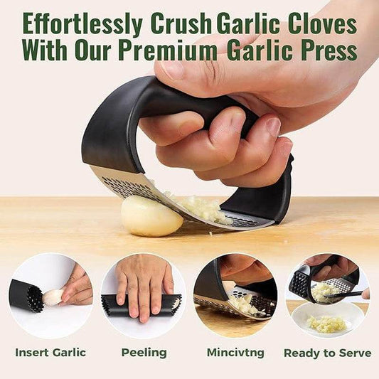 Garlic Press Rocker, Stainless Steel Garlic Mincer and Garlic Crusher, Easy-Squeeze Garlic Tool with Peeler and Cleaning Brush for Smashing Garlic Stainless Steel - My Chroma Cart
