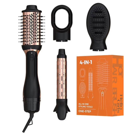 Black and rose gold 4-in-1 hot air brush with round and flat brush attachments and orange packaging box.