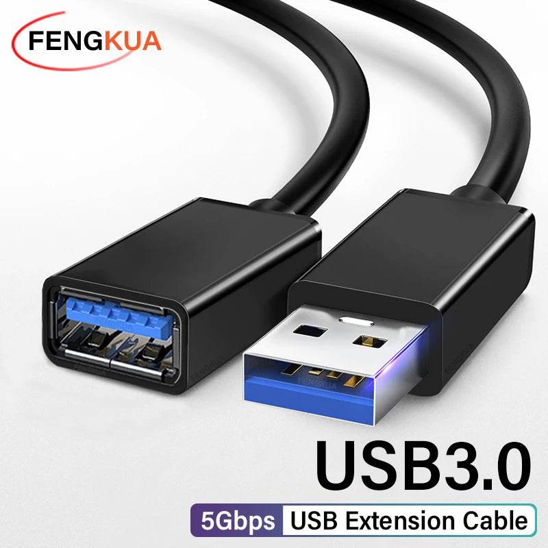 Black USB 3.0 extension cable with male and female connectors and blue internal ports.
