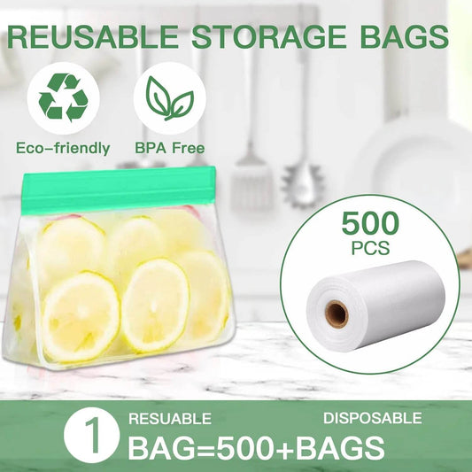 Purple reusable freezer ziplock bag filled with lemon slices, eco-friendly and BPA free label displayed.