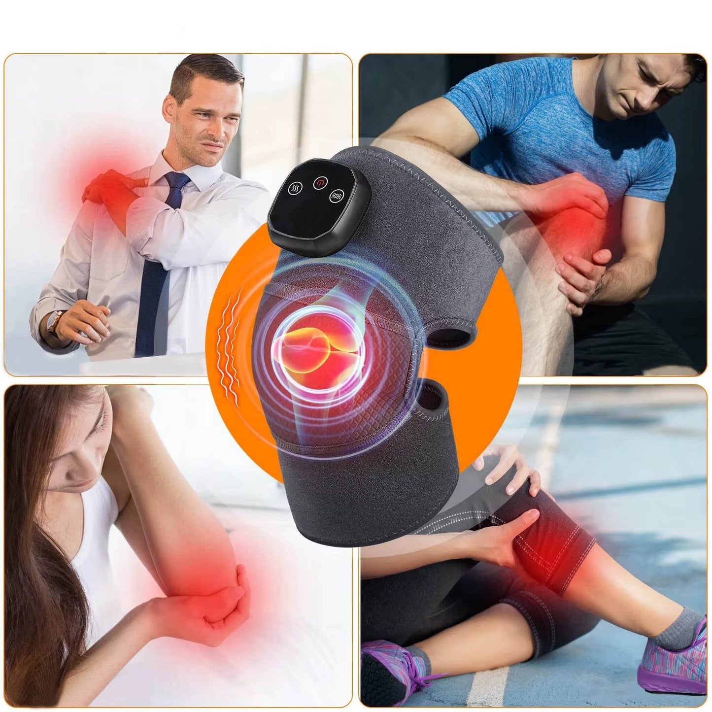 Grey knee massager with adjustable heat and vibration straps shown on knees, shoulders, elbows.