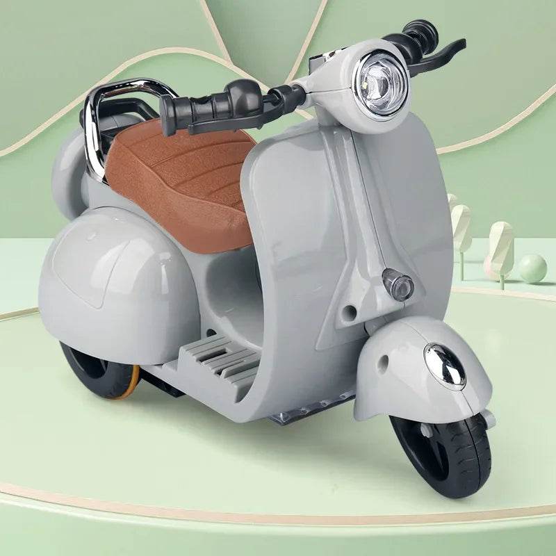 Gray mini electric scooter toy with brown seat and chrome details.