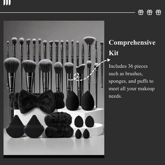 Black Makeup Tool Set, 36Pcs/Set Makeup Brush & Makeup Sponges & Powder Puffs & Headband & Wristbands, Makeup Accessories for Women, Cosmetic, Makeup Brushes, Makeup Tools Set, Makeup Brushes Kits - My Chroma Cart