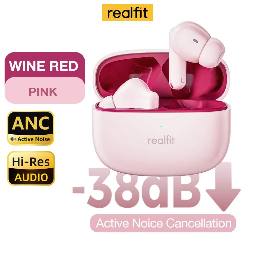 Pink wireless earbuds with matching open charging case and active noise cancellation branding.