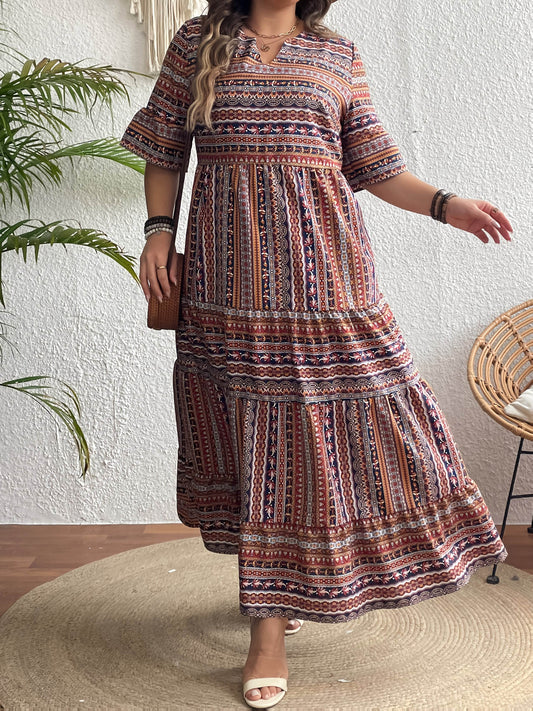 Plus Size All Over Print Tiered Dress, Vacation Notch Neck Short Sleeve Dress, Women's Plus Size Clothing - My Chroma Cart
