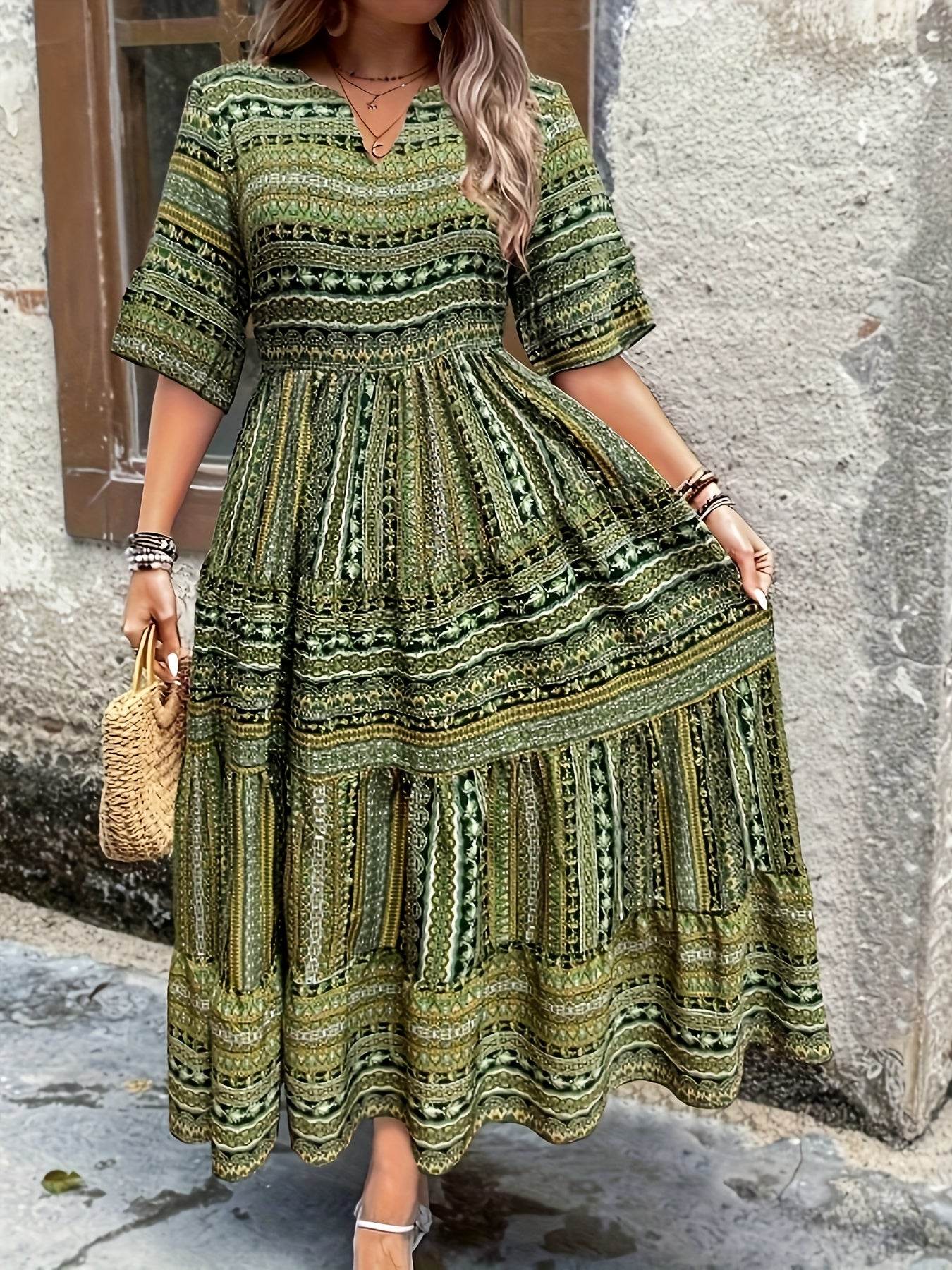 Plus Size All Over Print Tiered Dress, Vacation Notch Neck Short Sleeve Dress, Women's Plus Size Clothing - My Chroma Cart