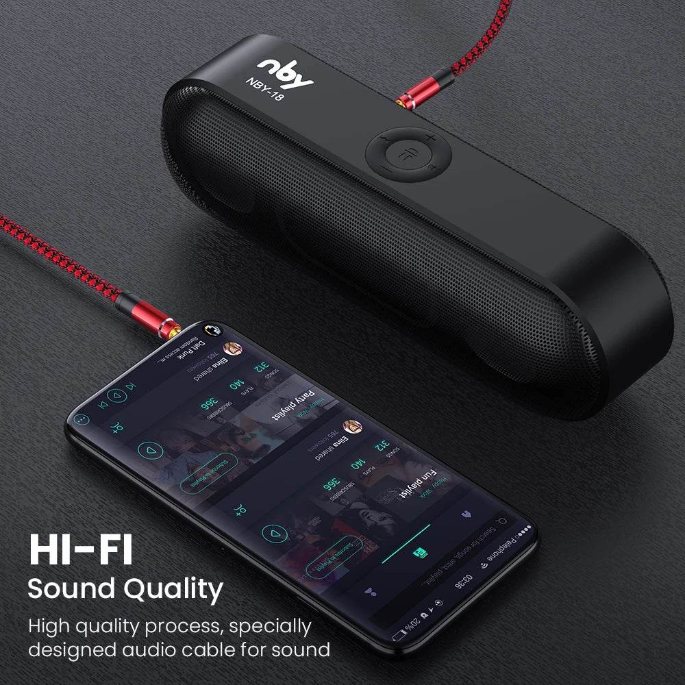 Red nylon braided 1.5M 3.5mm audio cable connected between black portable speaker and smartphone with music app displayed.