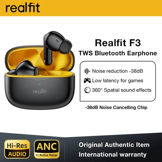 Black wireless Bluetooth earbuds with compact charging case featuring noise reduction and 360° sound icons.