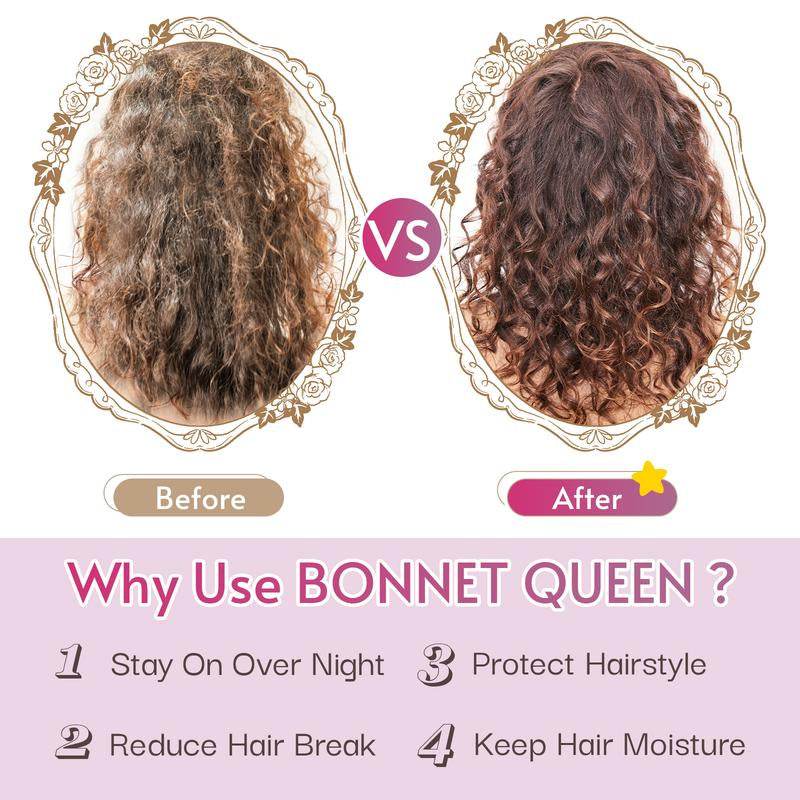 Comparison of curly hair before and after using a satin bonnet, showing smoother, shinier curls on the right side.