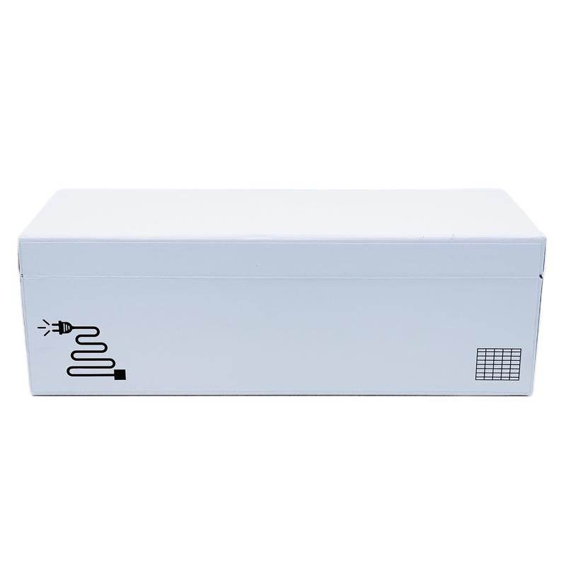 White rectangular candle box with black electrical plug and cord graphic on side and vent pattern near corner.