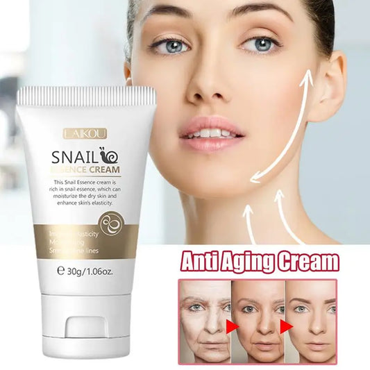 Snail essence cream with a woman's face showing before and after effects on a light gray background