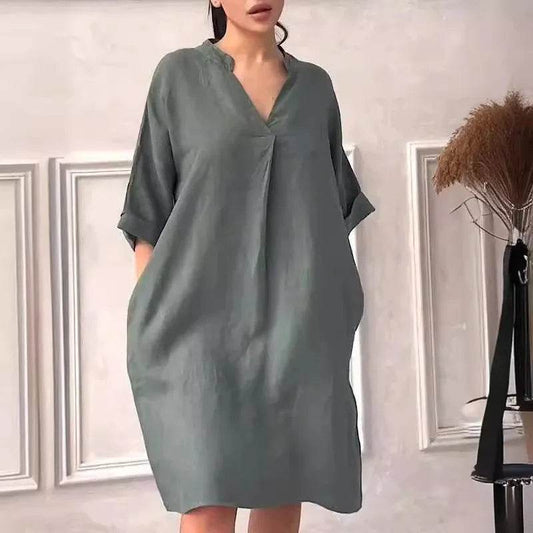 Fashion Cotton And Linen Women's V-neck Loose Dress 2025 Spring And Summer Solid Color Casual Short Sleeved Pocket Midi Dresses - My Chroma Cart
