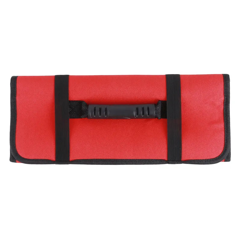Red roll-up bag with black handle on a white background