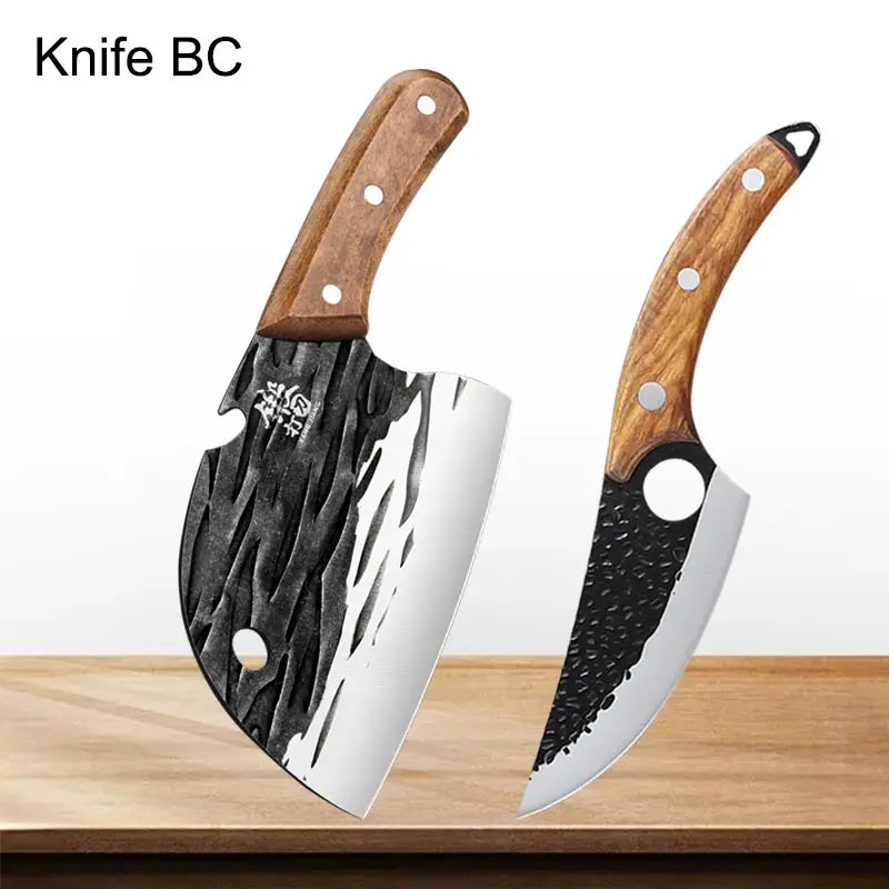 Two knives with wooden handles on a wooden surface