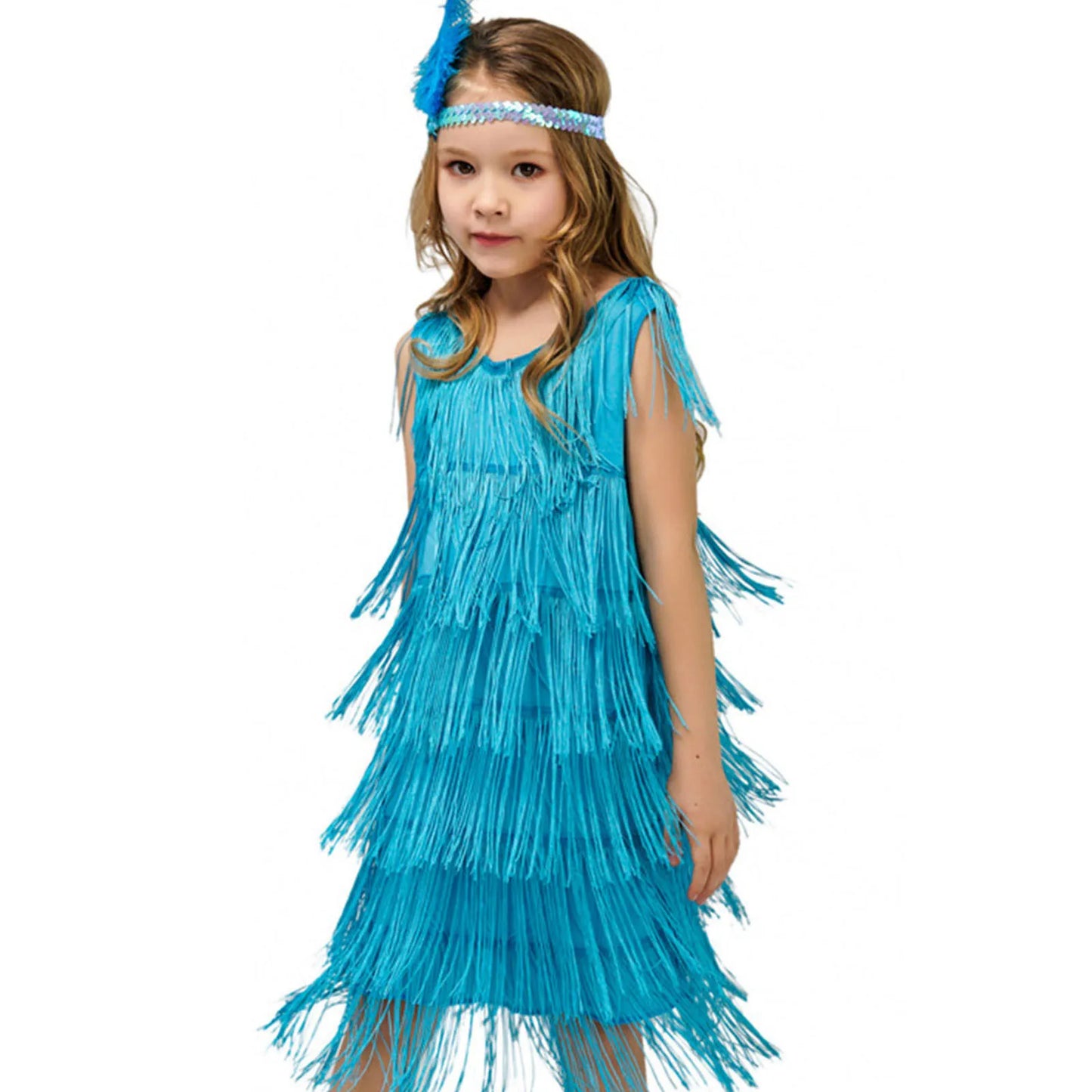 Young girl wearing a blue fringe dress and headband on a white background