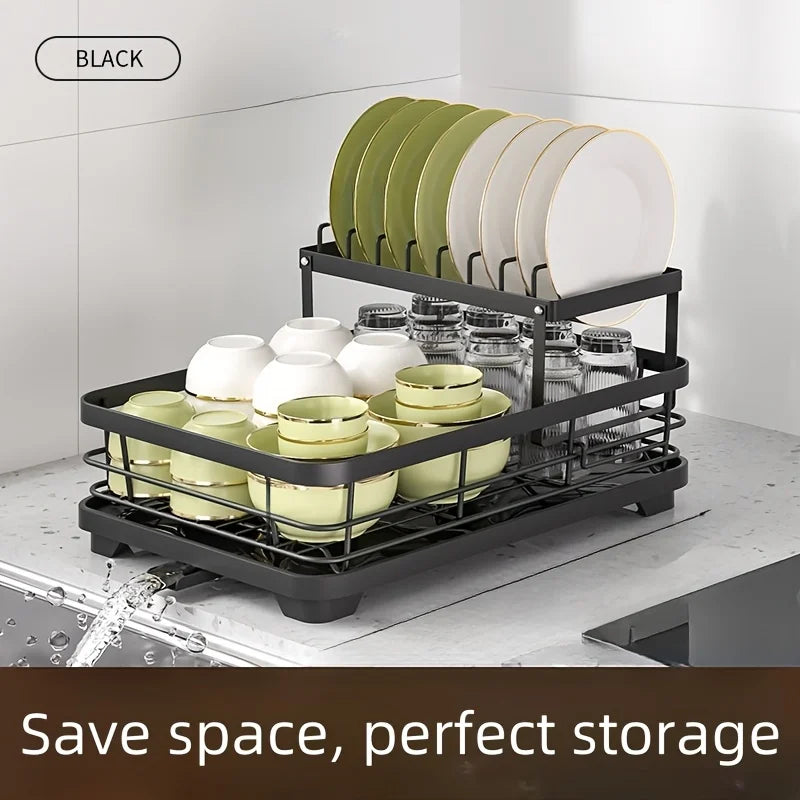 Kitchen Dish Drying Rack with Drainboard & Storage