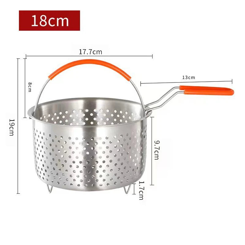 Stainless steel pot with orange handles and dimensions labeled on a white background