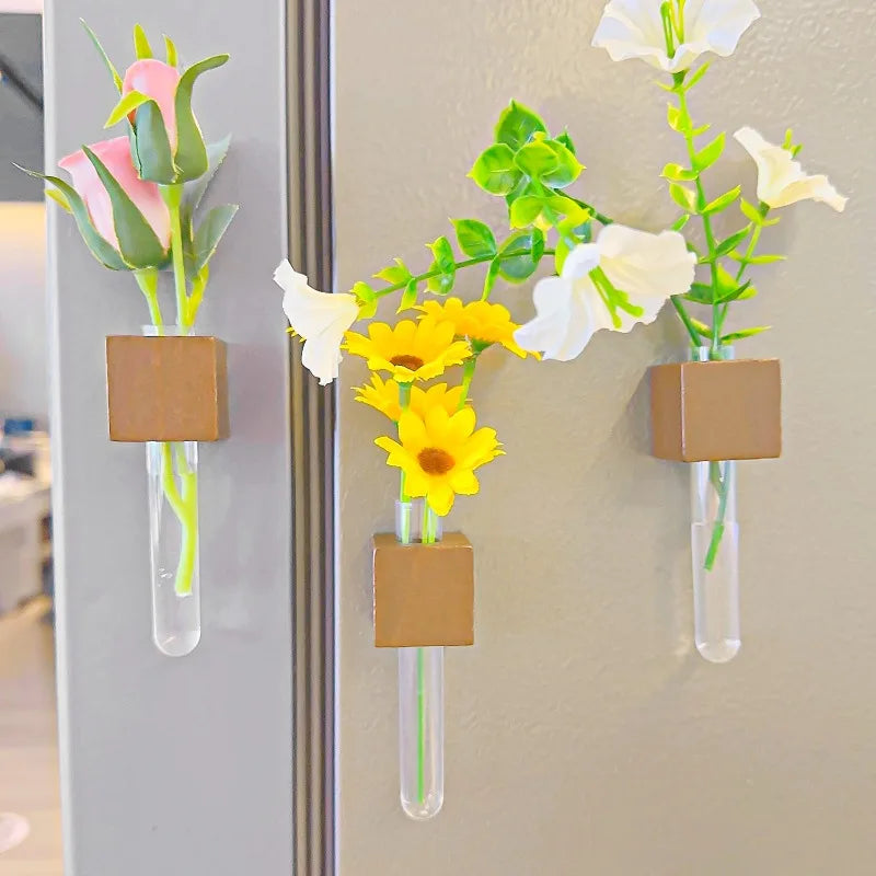 Wood Test Tube Vase Magnetic Flower Decor