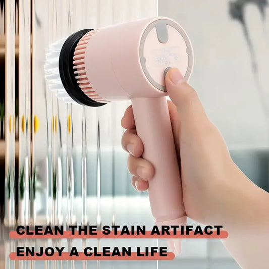 Hand holding a pink handheld cleaning tool with text 'Clean the Stain Artifact, Enjoy a Clean Life'.