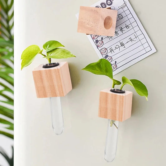Wood Test Tube Vase Magnetic Flower Decor