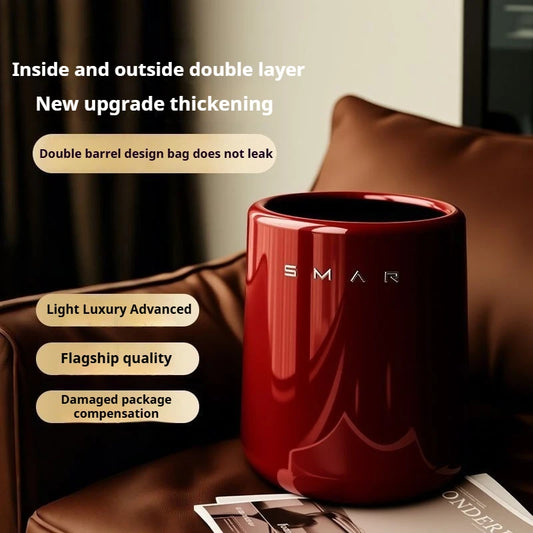 Red mug with 'SMAR' branding on a brown surface, surrounded by text highlighting features.