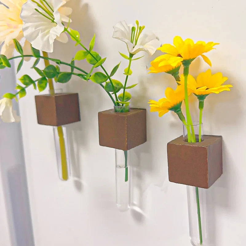 Wood Test Tube Vase Magnetic Flower Decor