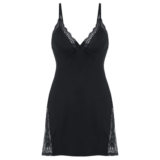 Black slip dress with lace trim on a white background