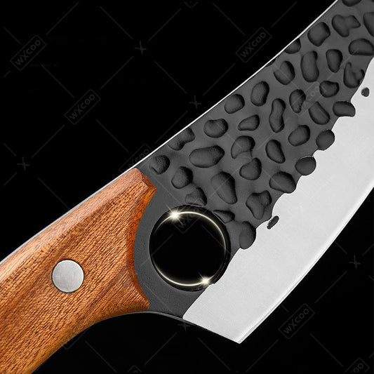 Close-up of a folding knife with a wooden handle and textured blade on a black background.