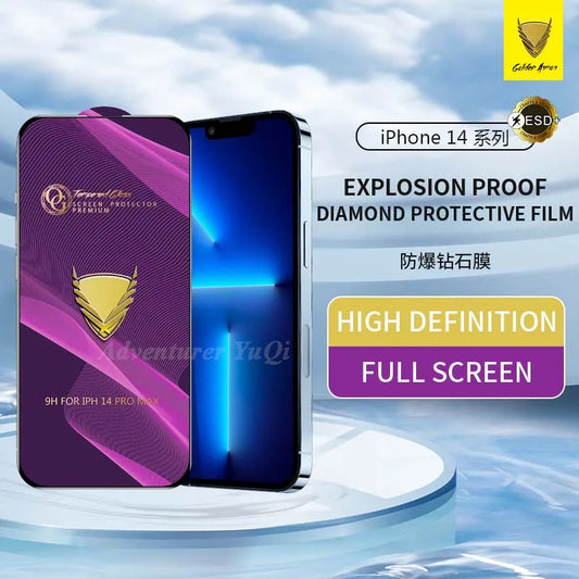 Phone screen protector with branding and product features on a blue water background