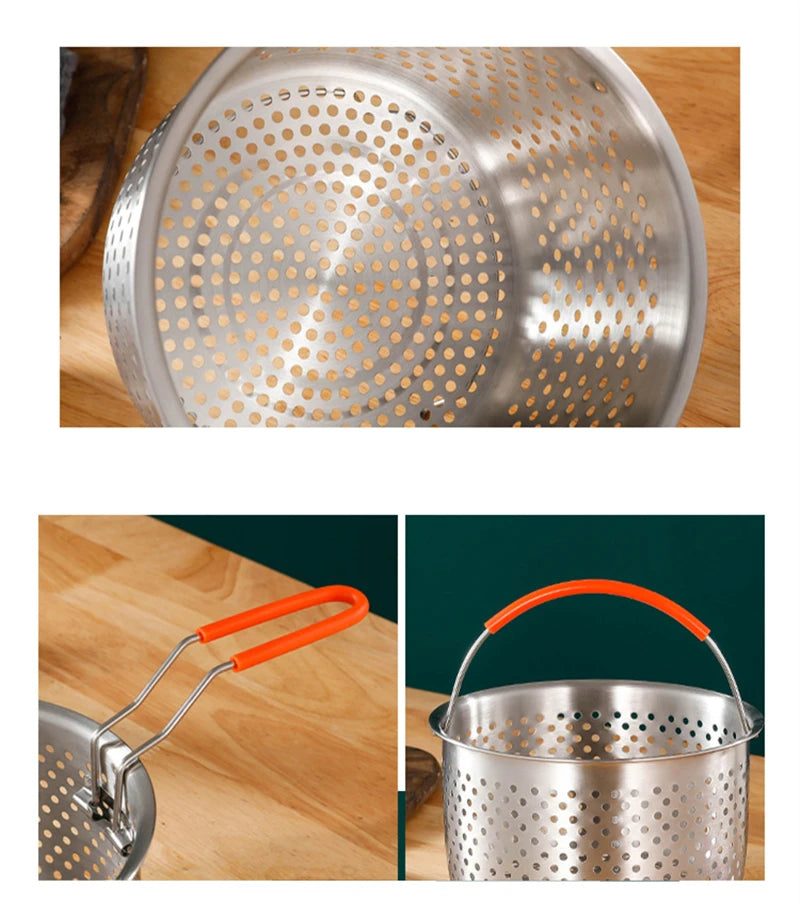 Metal colander with orange handles on a wooden surface