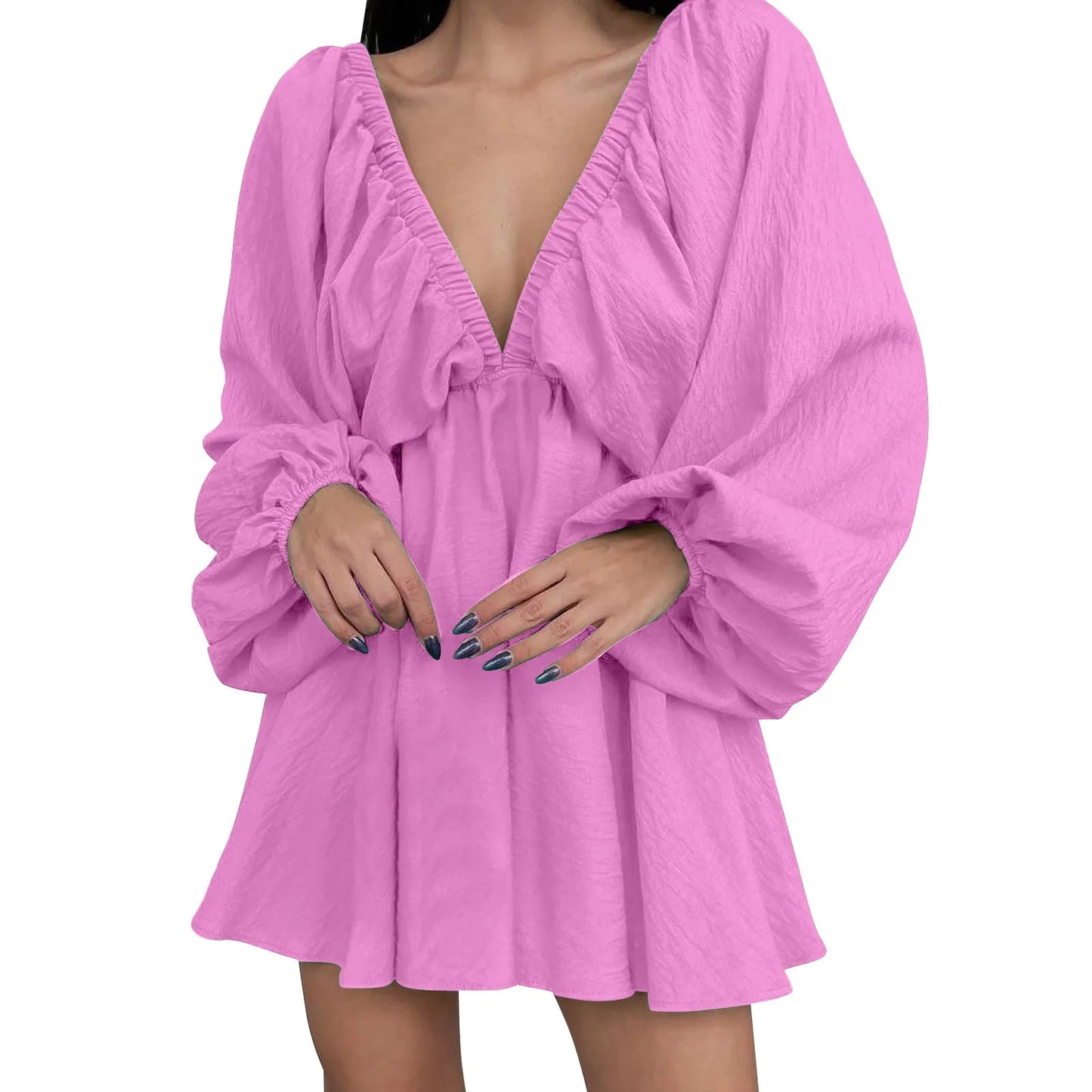 Deep V Pleated Long Sleeve Dress