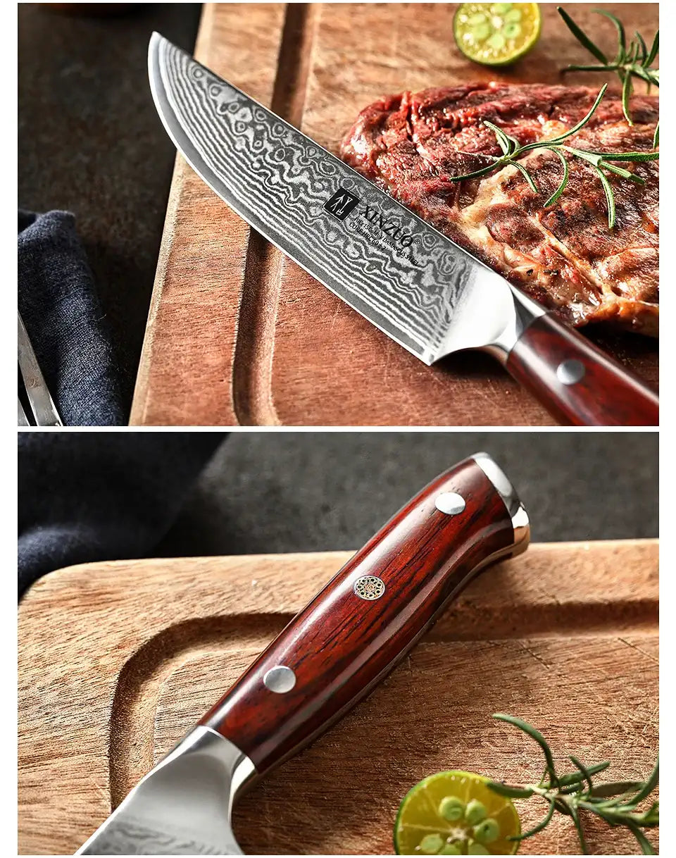 XINZUO 5'' Inch Steak Knife Damascus VG10 Steel Kitchen Knives High Quality Cutter Tools Utility Knife with Rosewood Handle