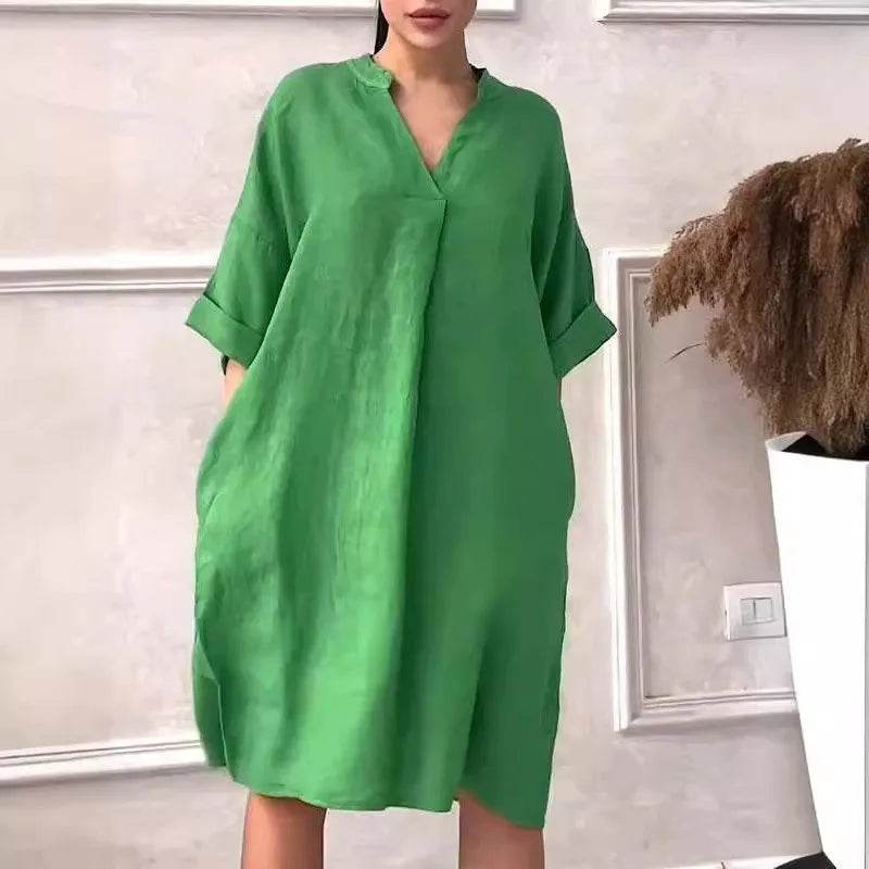 Fashion Cotton And Linen Women's V-neck Loose Dress 2025 Spring And Summer Solid Color Casual Short Sleeved Pocket Midi Dresses - My Chroma Cart
