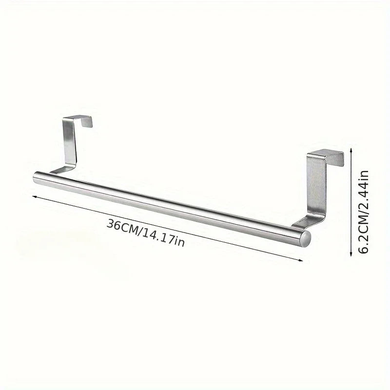 Metal over-the-door towel bar with dimensions on a white background