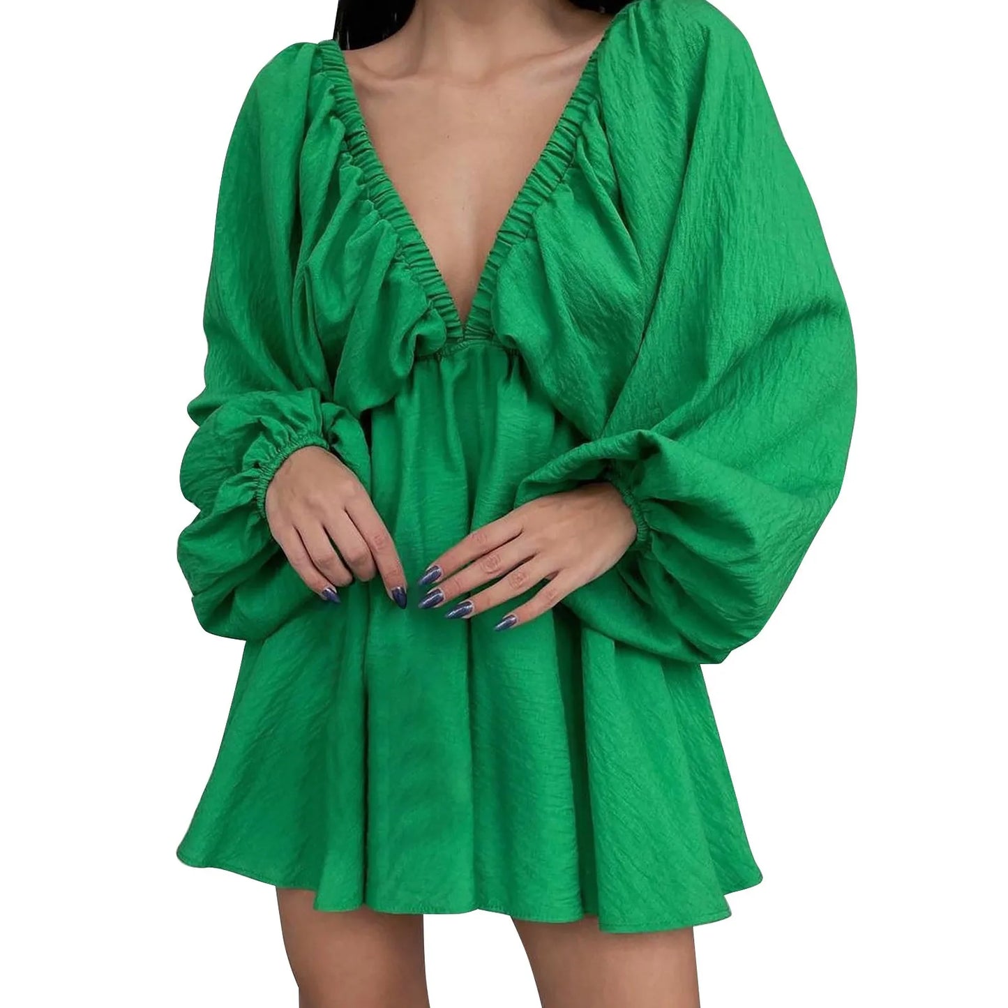 Deep V Pleated Long Sleeve Dress