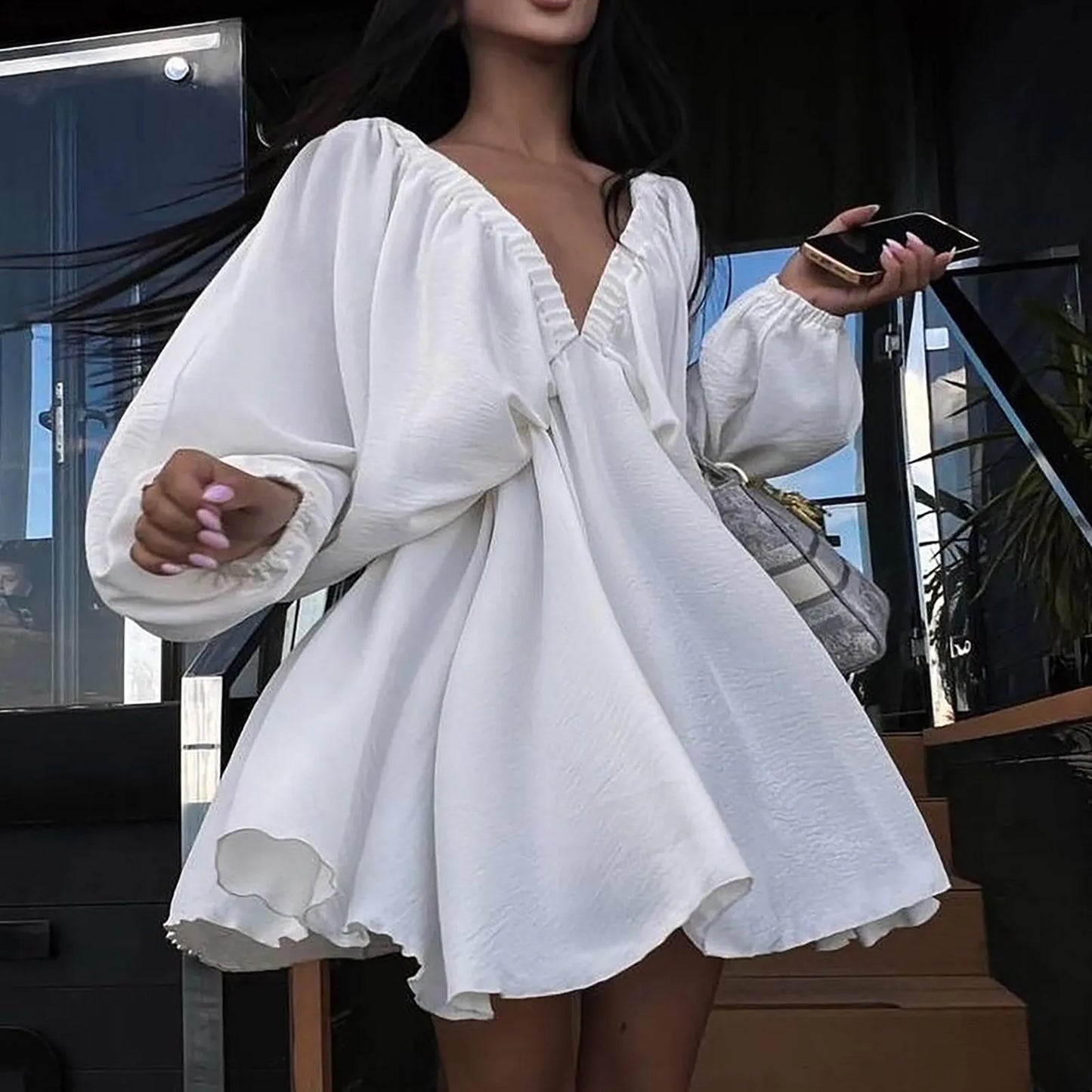 Deep V Pleated Long Sleeve Dress