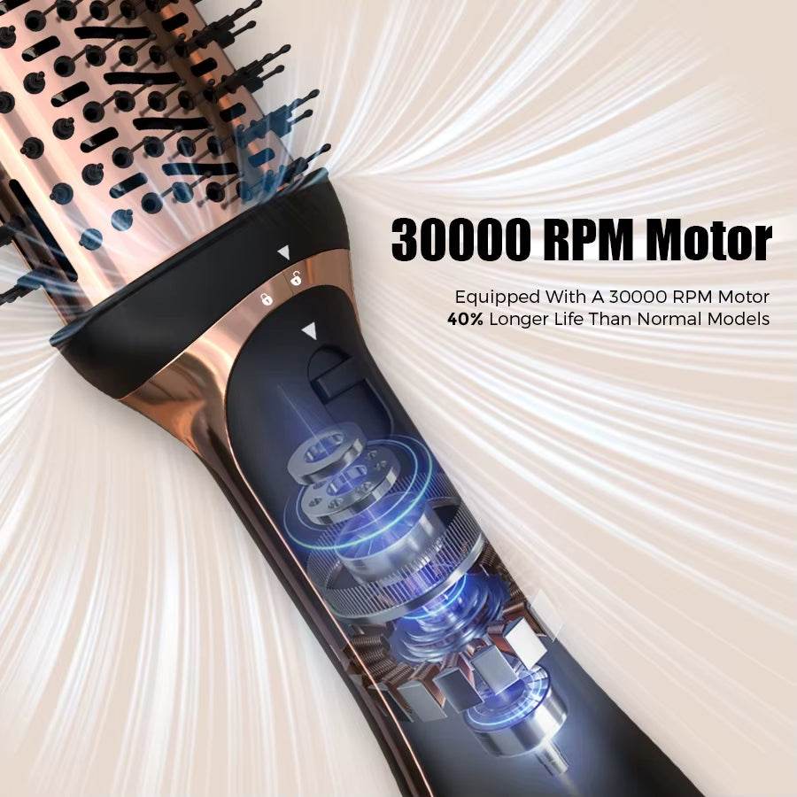Black and rose gold 4-in-1 hot air brush with visible internal 30000 RPM motor components and airflow illustration.