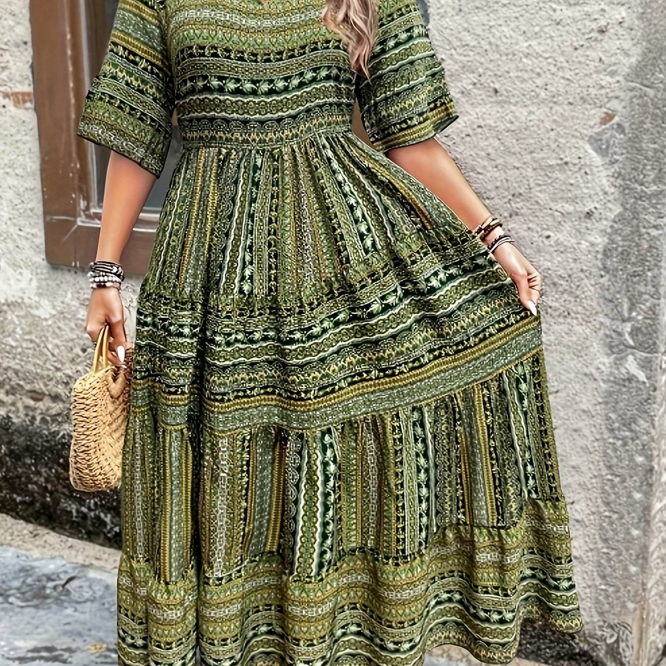 Plus Size All Over Print Tiered Dress, Vacation Notch Neck Short Sleeve Dress, Women's Plus Size Clothing - My Chroma Cart