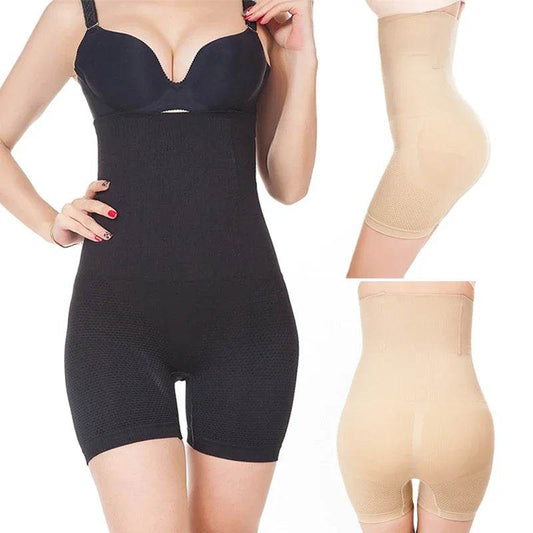 Black high waist compression tummy and thigh control shapewear shorts with adjustable straps and seamless design, beige.