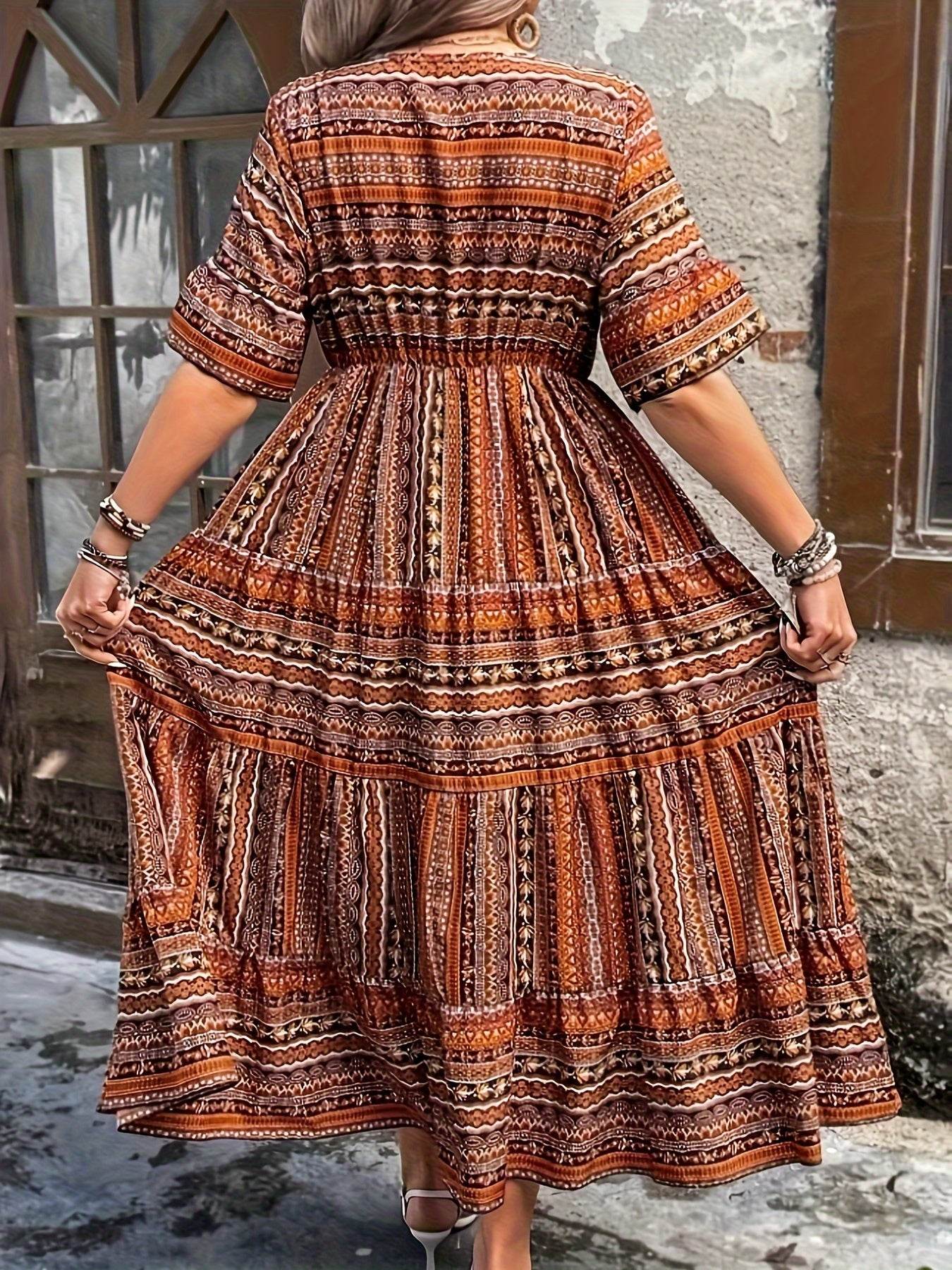 Plus Size All Over Print Tiered Dress, Vacation Notch Neck Short Sleeve Dress, Women's Plus Size Clothing - My Chroma Cart