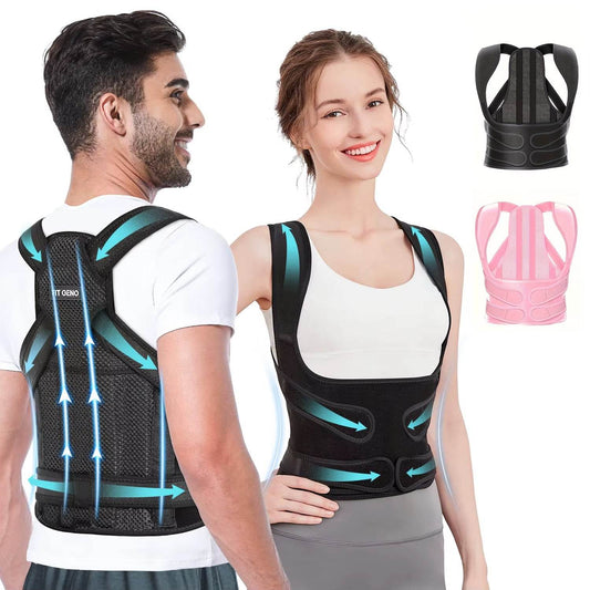 Adjustable black back brace with blue accents worn by man and woman, shown front and back views; includes pink variant inset.