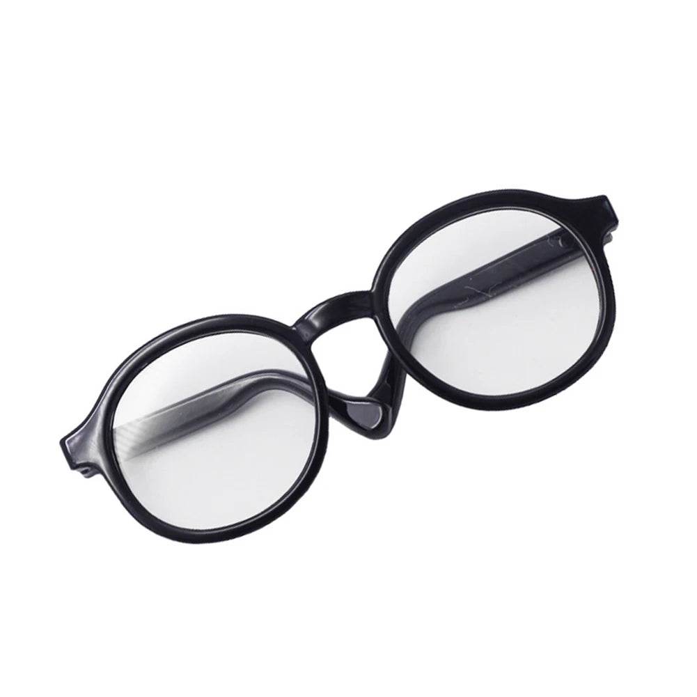 Black round plastic frame glasses for 17cm mini dolls with clear lenses.