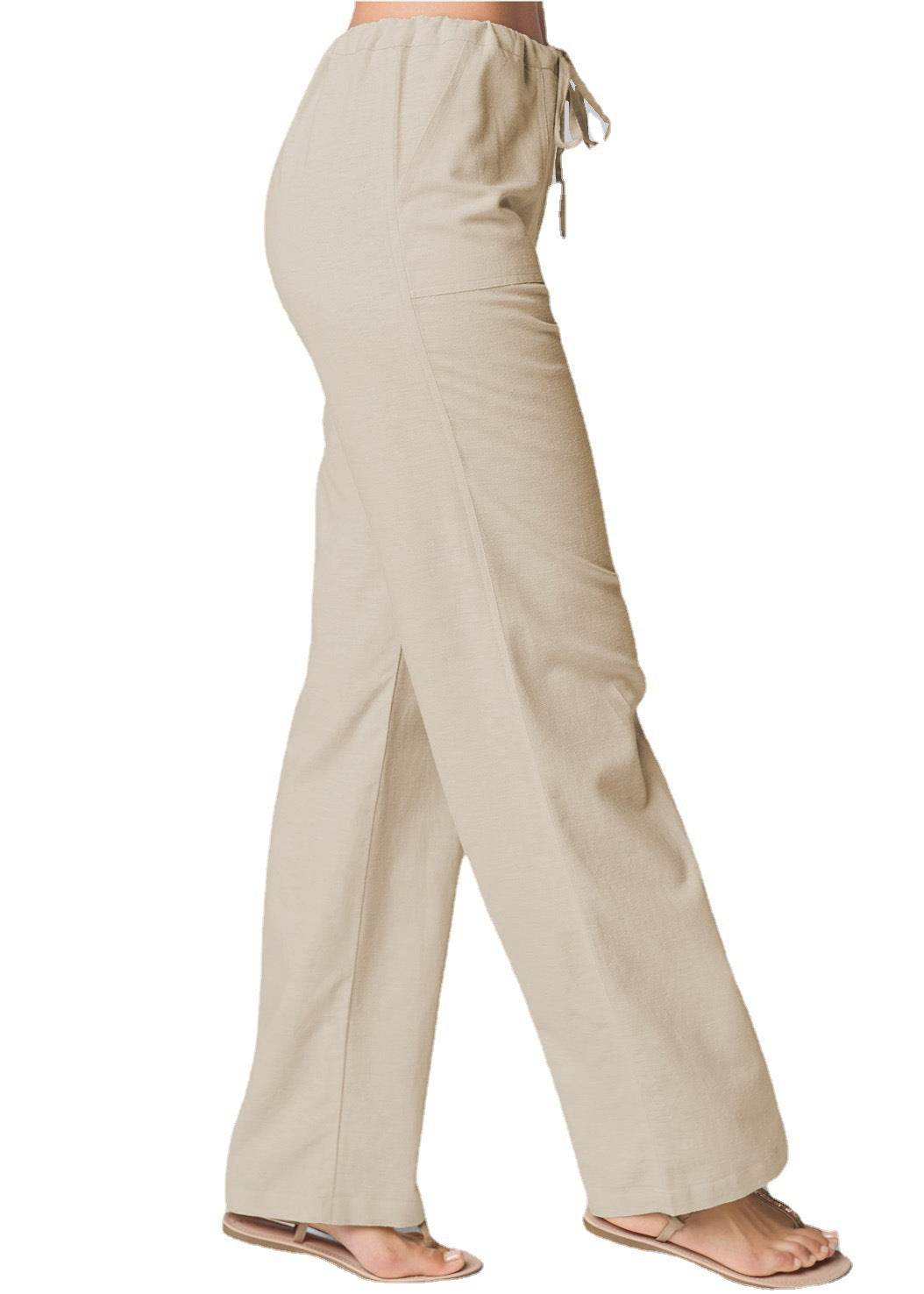 Beige loose straight-leg pants with lace-up waist, made of cotton and linen blend.