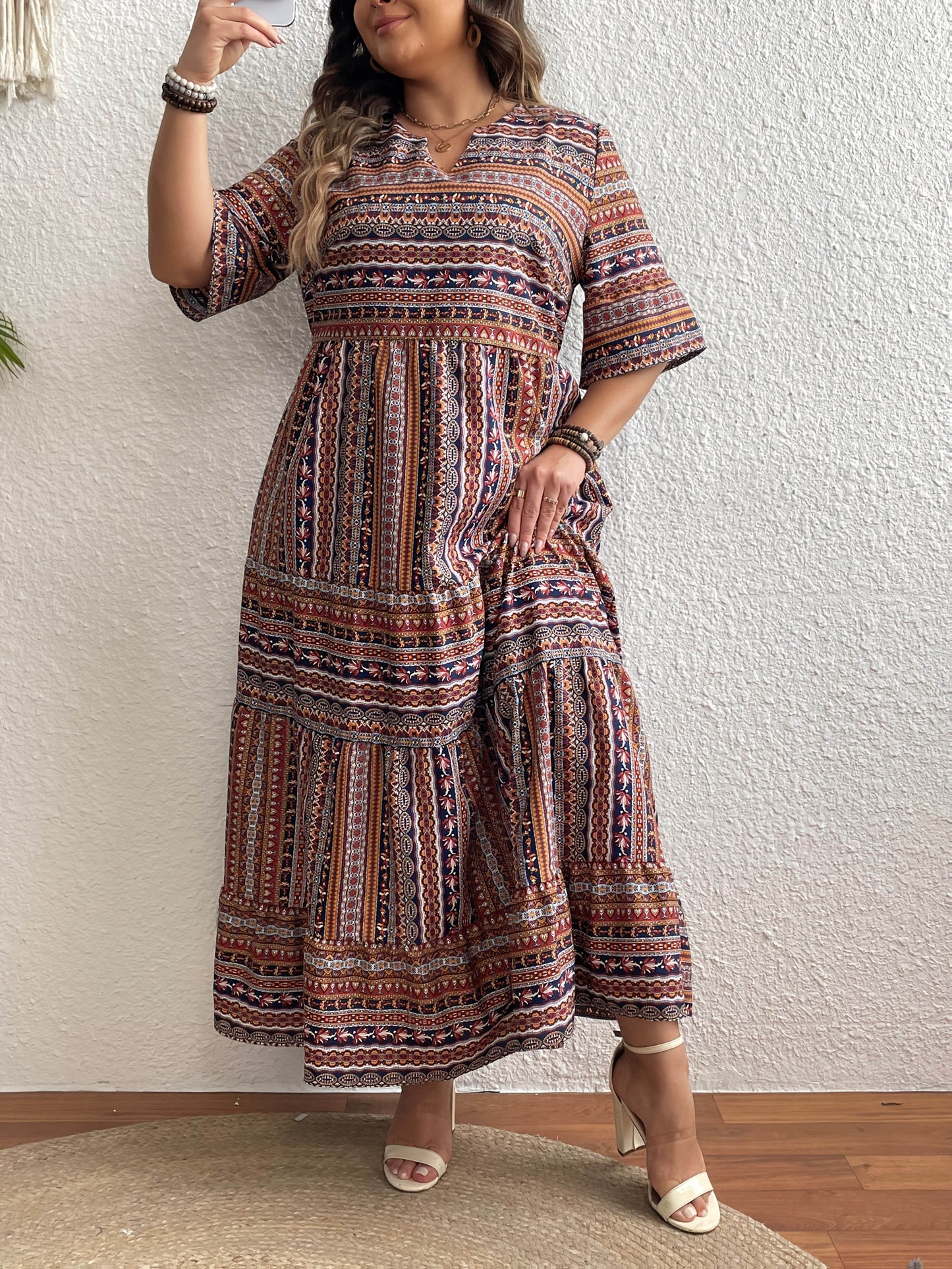 Plus Size All Over Print Tiered Dress, Vacation Notch Neck Short Sleeve Dress, Women's Plus Size Clothing - My Chroma Cart