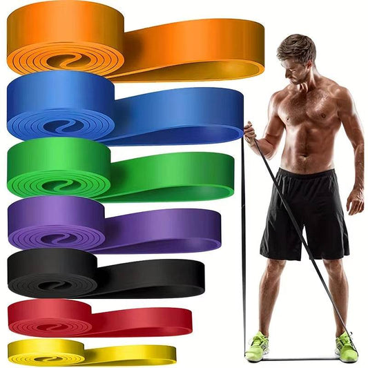 Set of eight colorful resistance bands in orange, yellow, blue, green, purple, black, red, and gold with a muscular man.