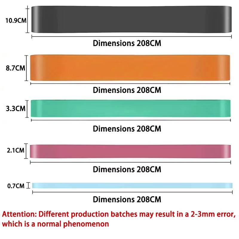 Set of five resistance bands in black, orange, green, pink, and blue with varying widths and 208cm length each.