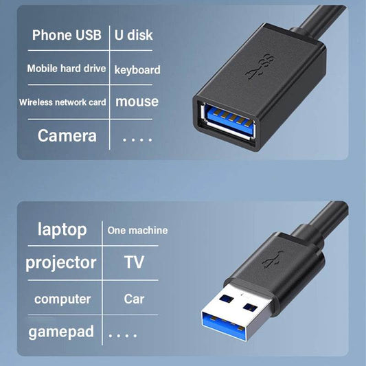 Black USB 3.0 extension cable with male and female connectors, blue internal port visible.